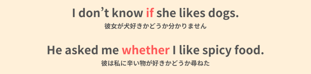 I don't know if she likes dogs.
彼女が犬好きかどうか分かりません。
He asked me whether I like spicy food.
彼は私に辛い物が好きかどうか尋ねた。