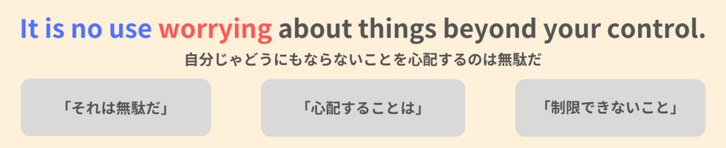 It is no use worrying about things beyond your control.
自分じゃどうにもならないことを心配するのは無駄だ。