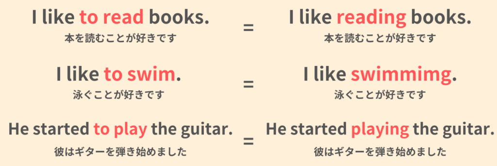 I like to read book. = I like reading books.
I like to swim. = I like swimming.
He started to play the guitar. = He started playing the guitar.