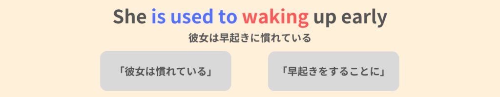 She is used to waking up early.
彼女は早起きに慣れている。